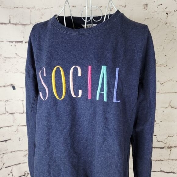 Wildfox Embroidered Social Navy Crew Neck Sweatshirt Size M - Picture 4 of 9